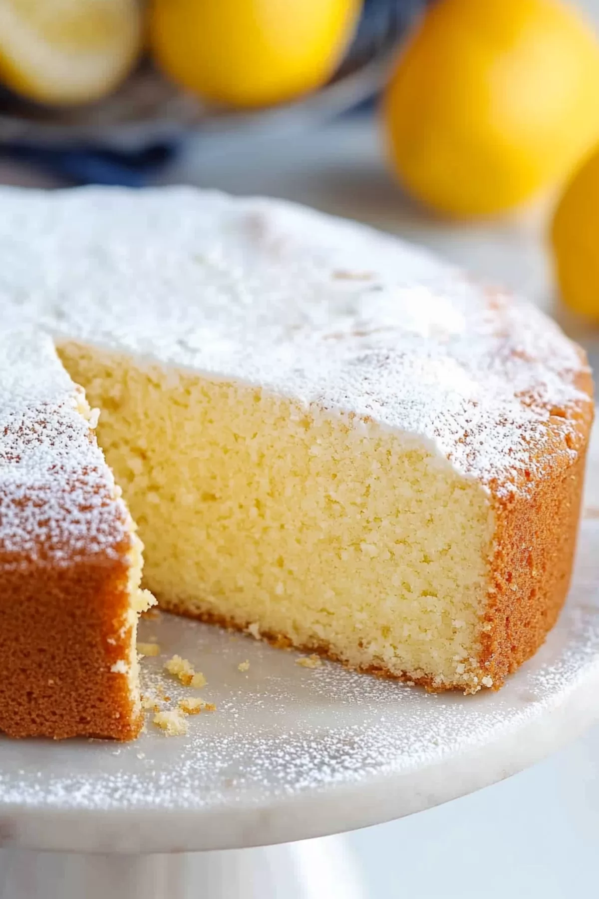 Close-up of a fluffy slice of ricotta cake, showcasing its light texture and citrusy flavors.