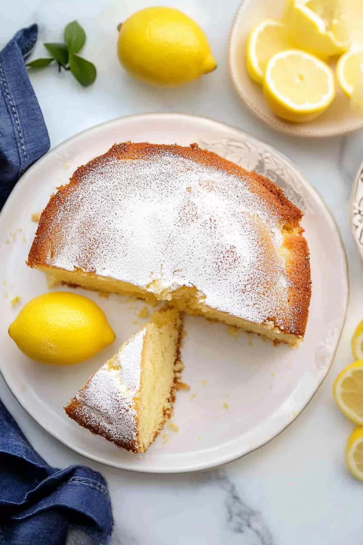 Overhead view of a golden ricotta cake with a hint of Limoncello, served on a plate.