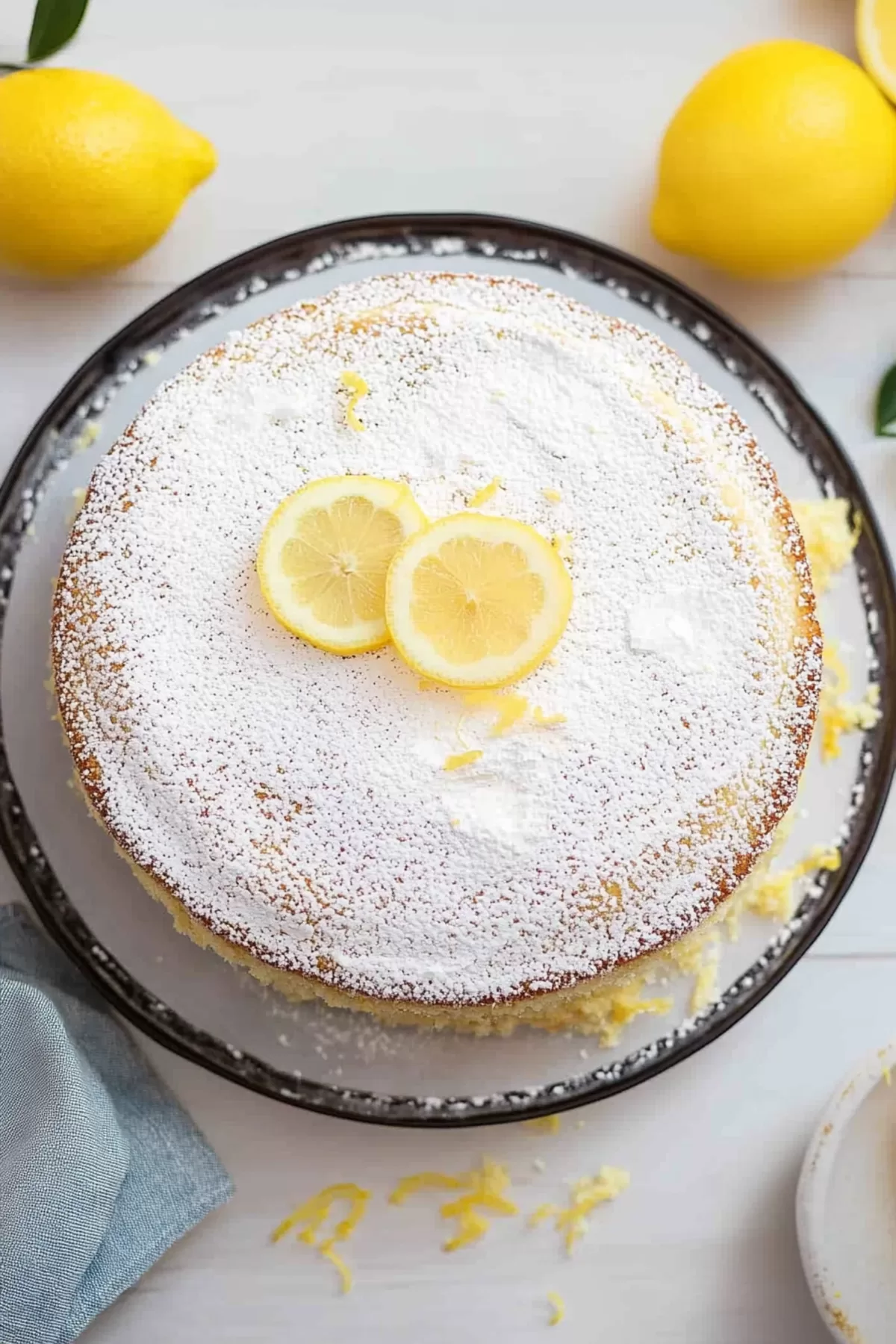 A freshly baked Limoncello cake, beautifully garnished with powdered sugar and surrounded by fresh lemons.