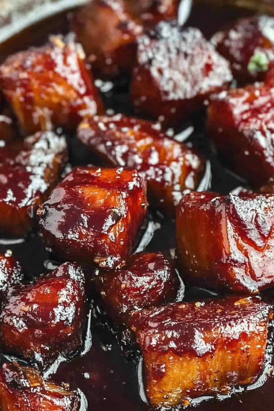 Close-up of crispy, slow-cooked pork pieces with a glossy finish.
