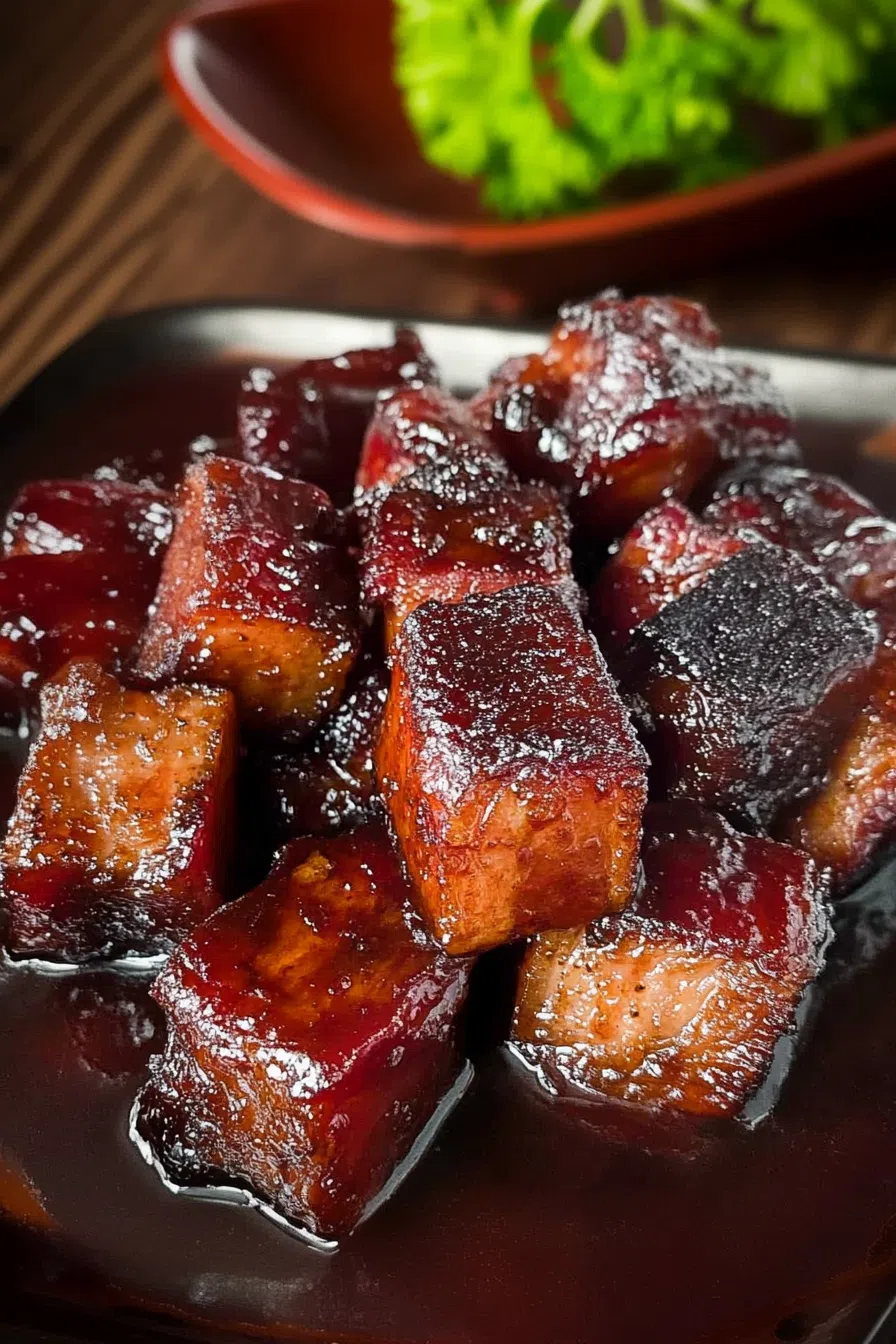 Glazed pork bites with a rich caramelized coating on a serving tray.