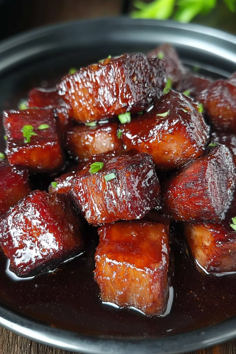 Tender, bite-sized pork belly with a sticky glaze, garnished with fresh herbs.