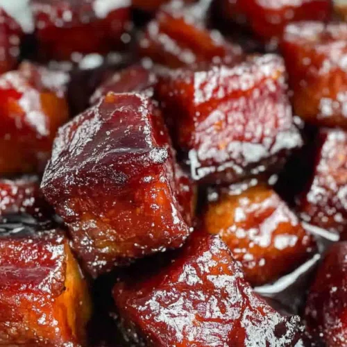 Caramelized pork belly pieces with a rich, glossy glaze on a serving dish.