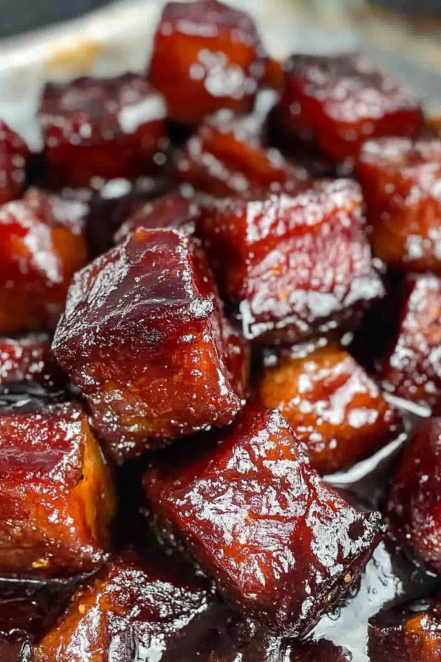 Caramelized pork belly pieces with a rich, glossy glaze on a serving dish.