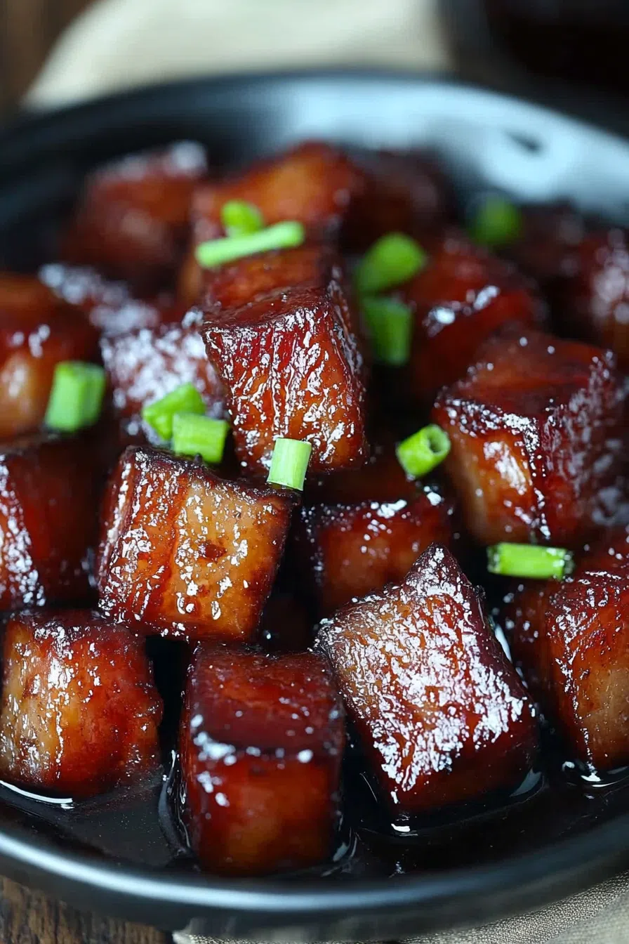 Tender, bite-sized pork with a deep brown sear, served with a side of sauce.