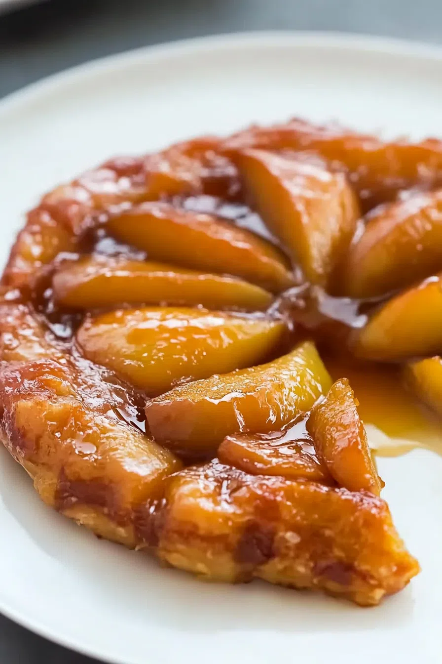 A slice of warm dessert with tender fruit and crisp pastry edges.