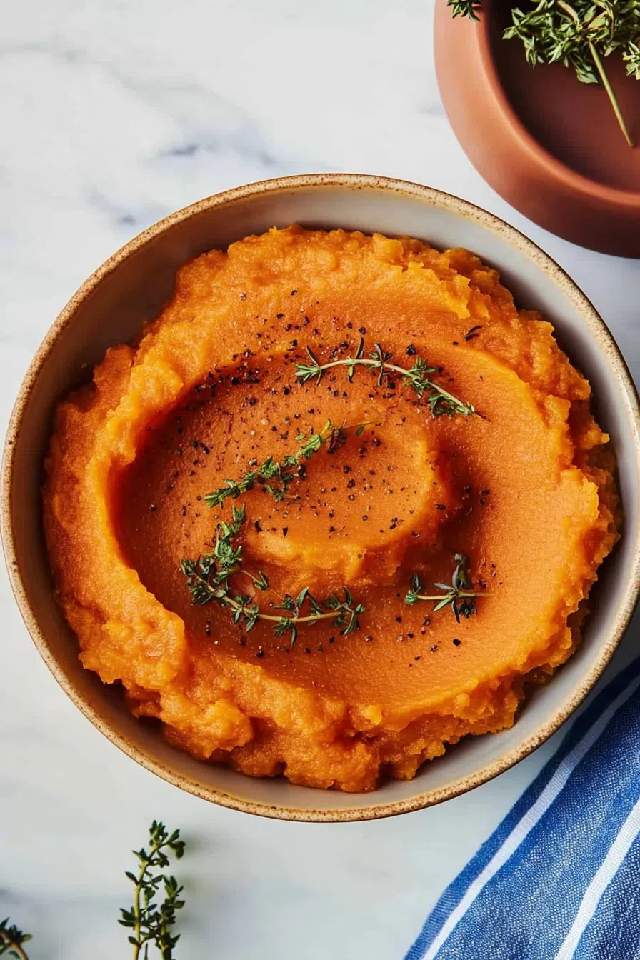 Garnished mash topped with fresh herbs and cracked pepper.