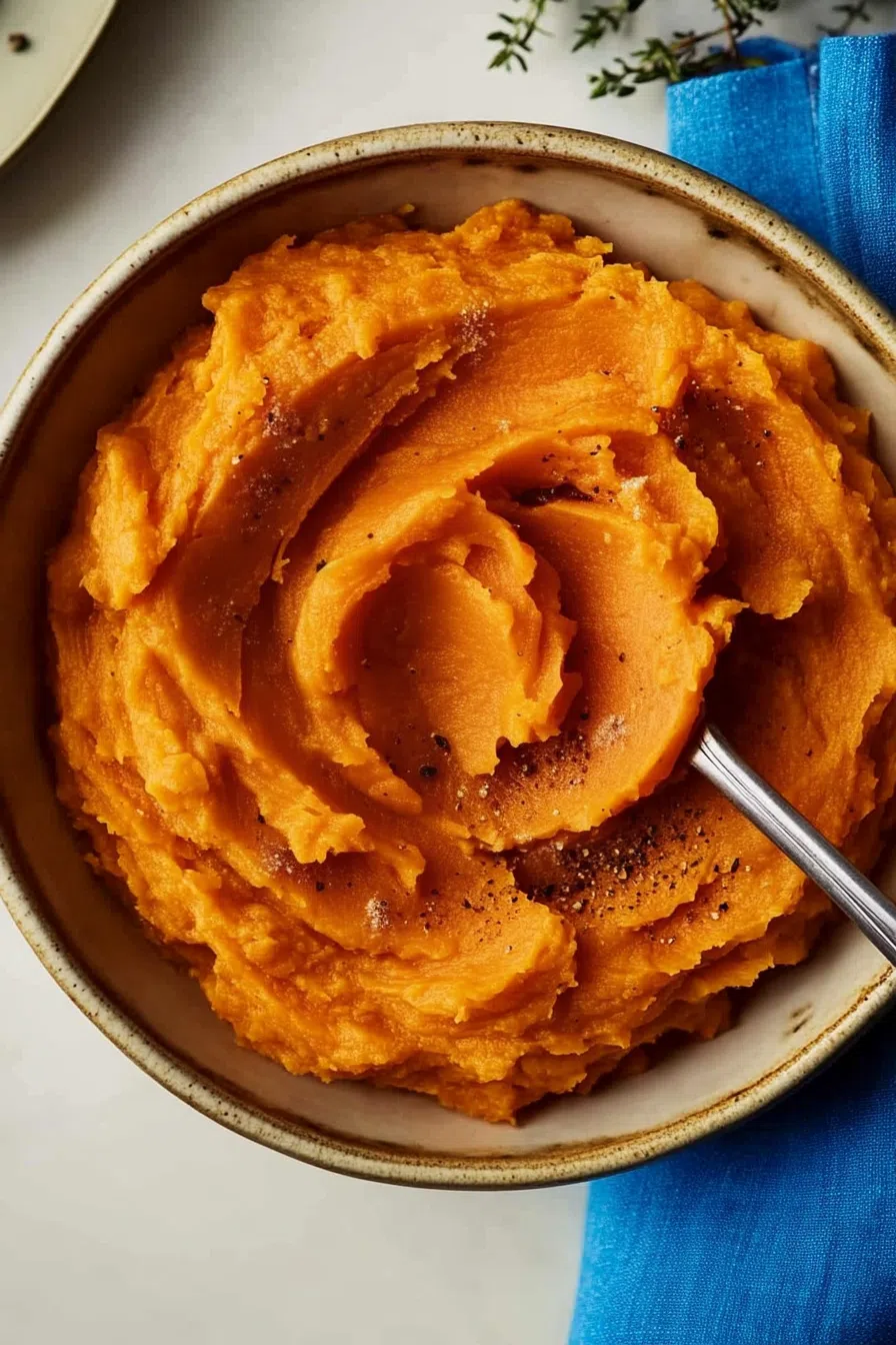 Overhead shot of a serving bowl filled with vibrant, silky mash.