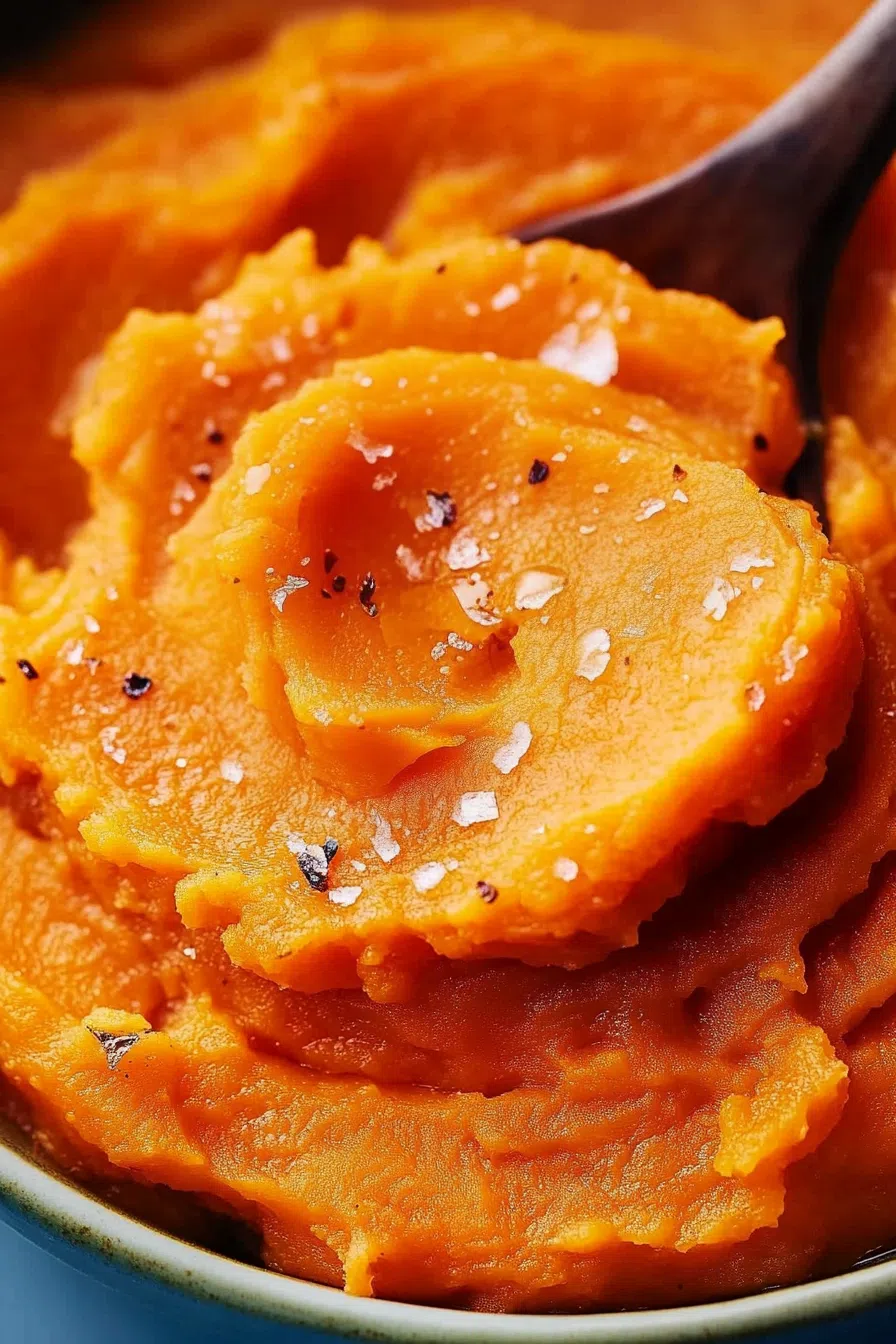 Close-up of a spoon scooping a smooth, whipped root vegetable side dish.