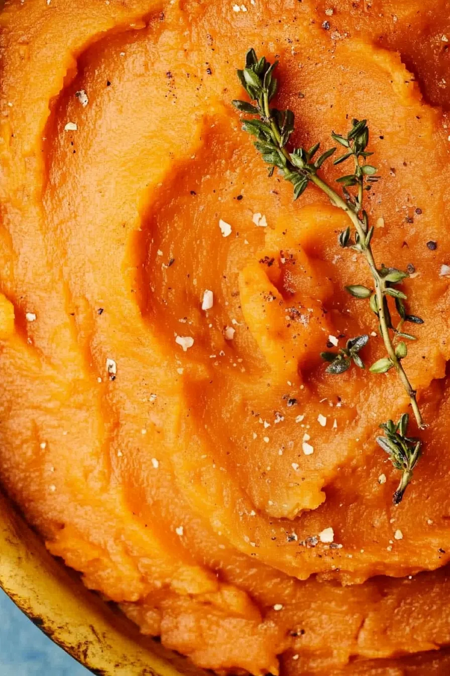 Creamy orange mash swirled in a rustic white bowl with a pat of melting butter.