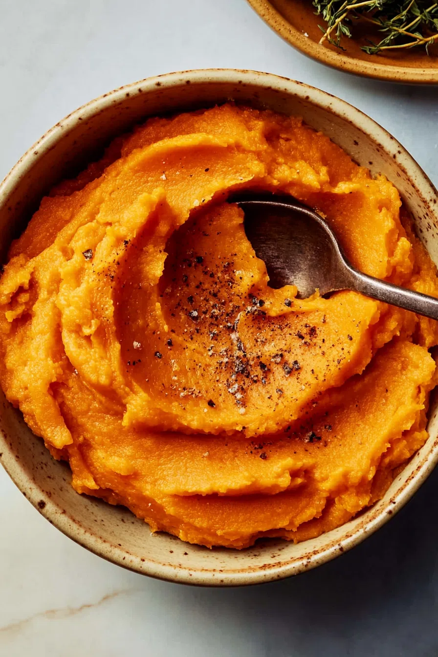 Close-up of a buttery mash with a light sprinkle of black pepper.