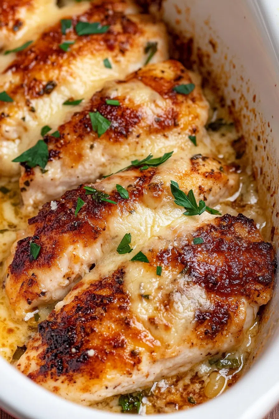 Serving dish filled with tender baked chicken fresh from the oven.