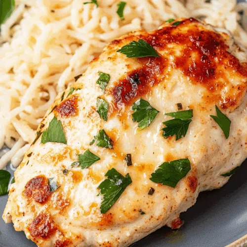 Close-up of golden, cheesy chicken on a dinner plate.