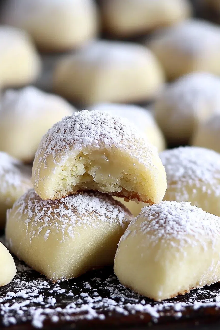 Golden, melt-in-your-mouth cookies stacked on a rustic wooden board.