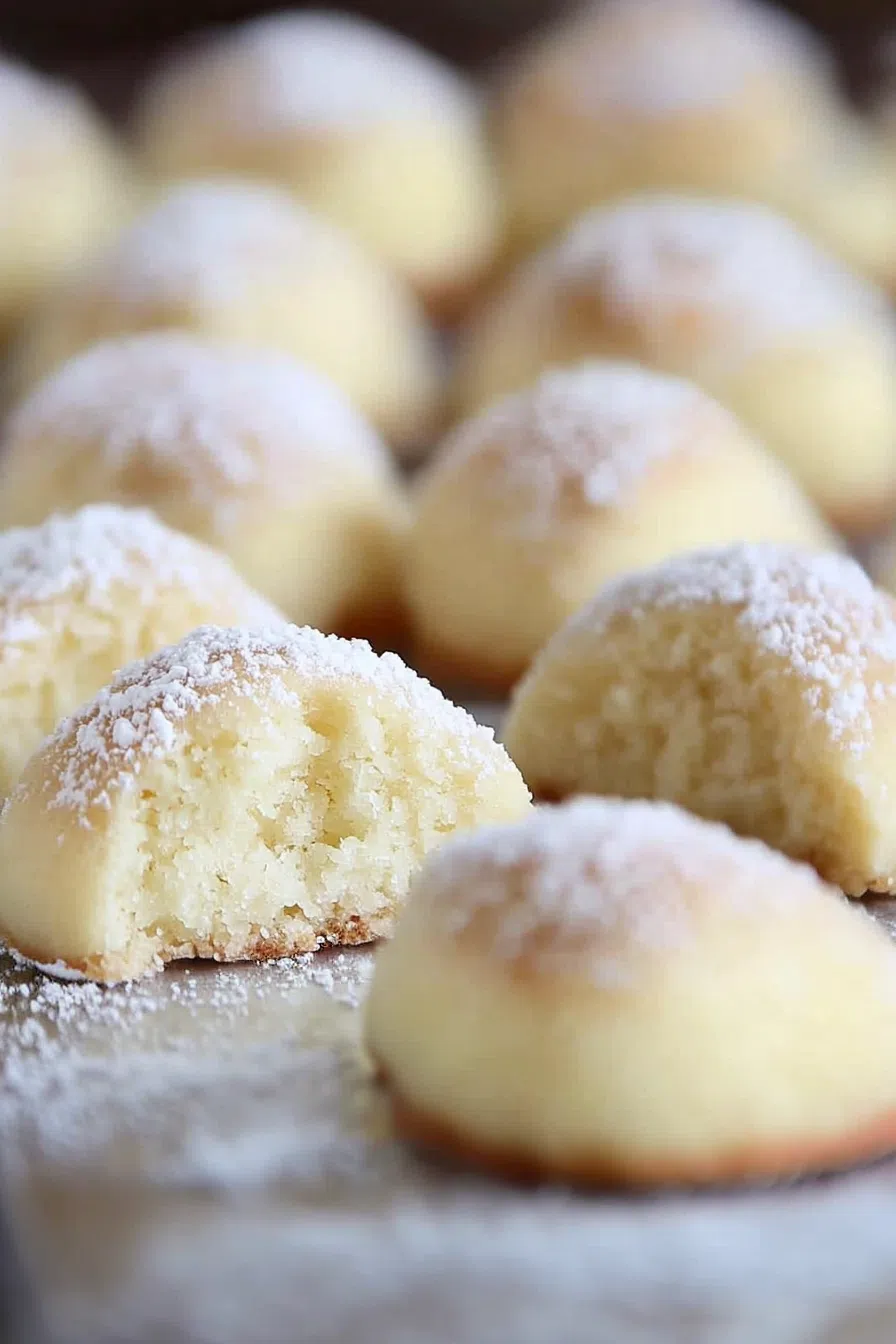 Close-up of delicate, buttery cookies with a dusting of powdered sugar.