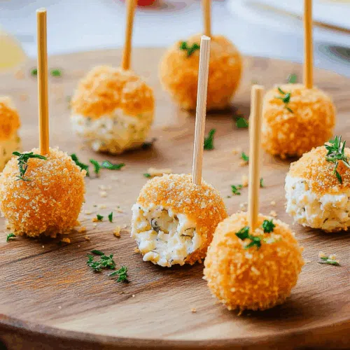 Bite-sized savory snacks arranged on a wooden board with toothpicks for serving.