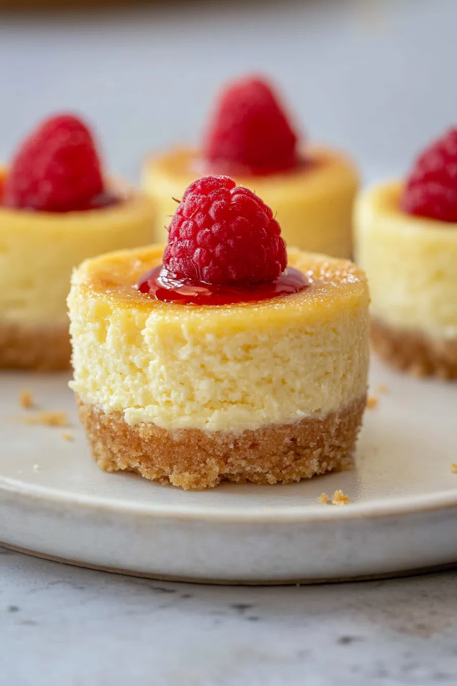 Small, round dessert pieces topped with fresh berries on a serving platter.