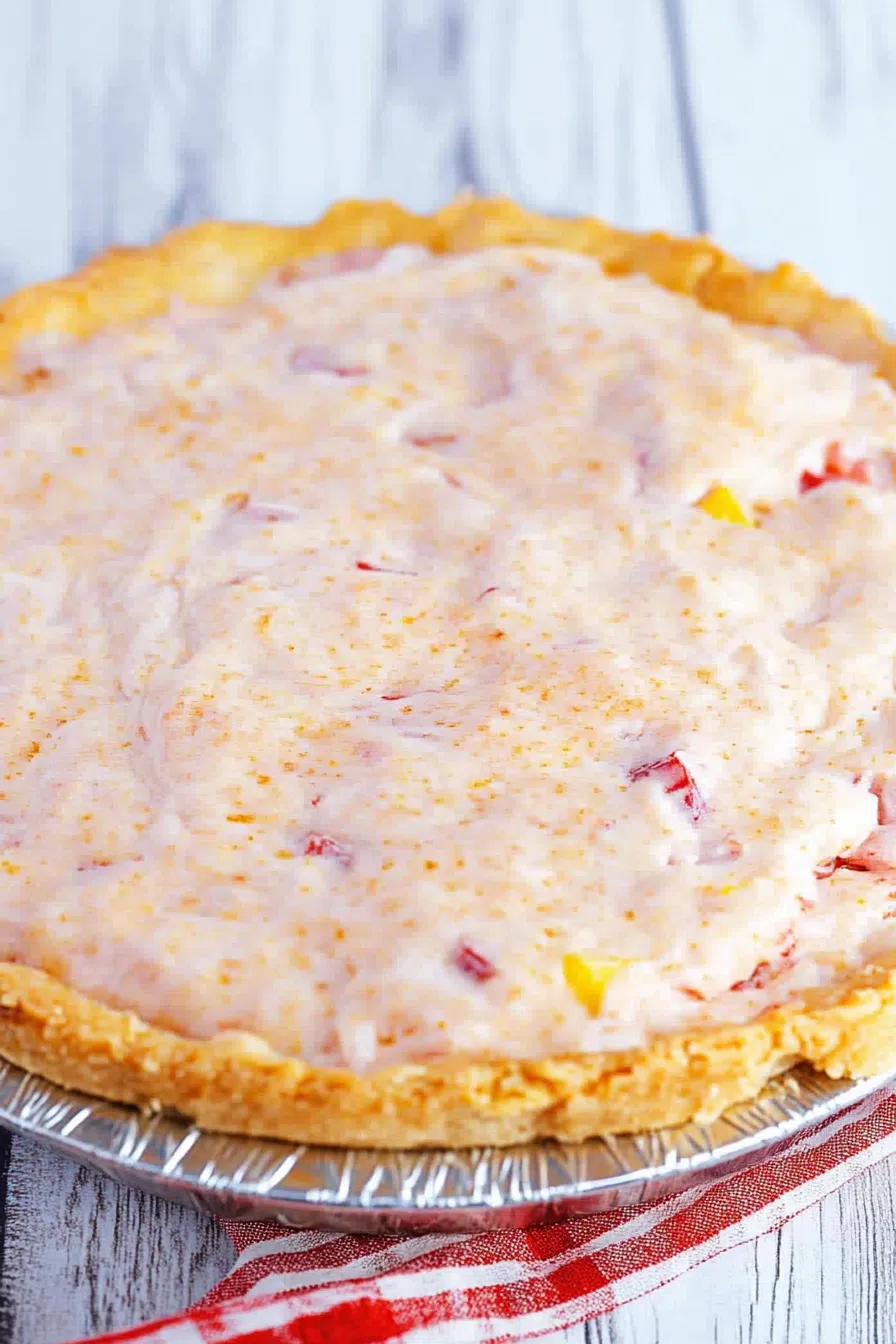 Overhead view of a light, fruit-filled pie with a golden crust.