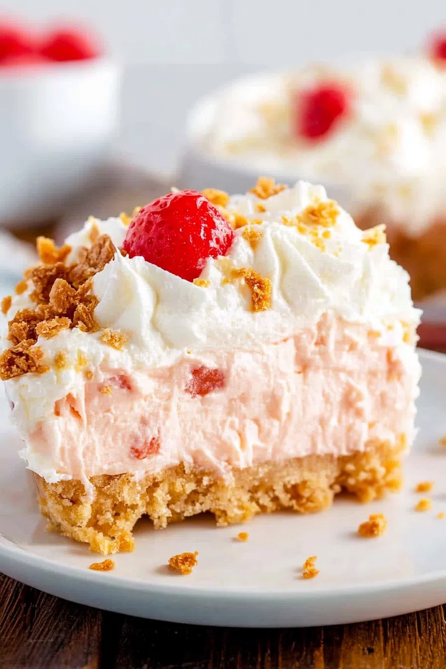 Side view of a sliced pie showing layers of fruity, airy filling.