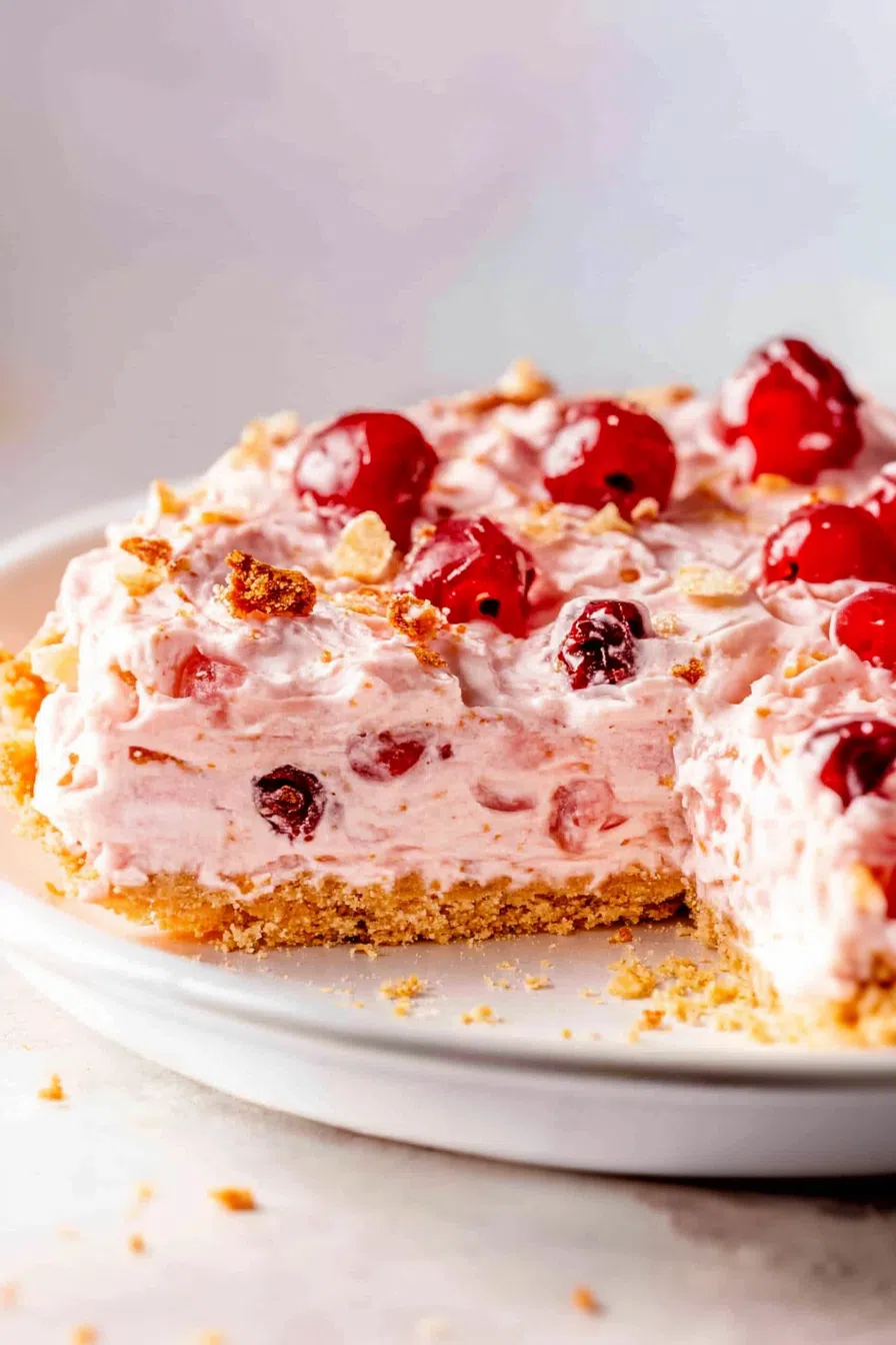 Creamy dessert slice with a graham cracker crust and a fluffy pink filling.