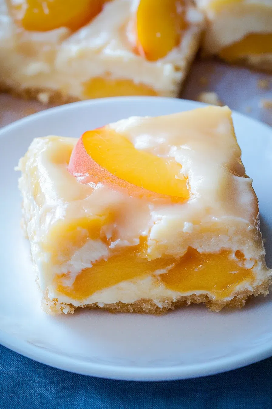 Freshly cut dessert squares arranged on a plate, showing their creamy and fruity layers.