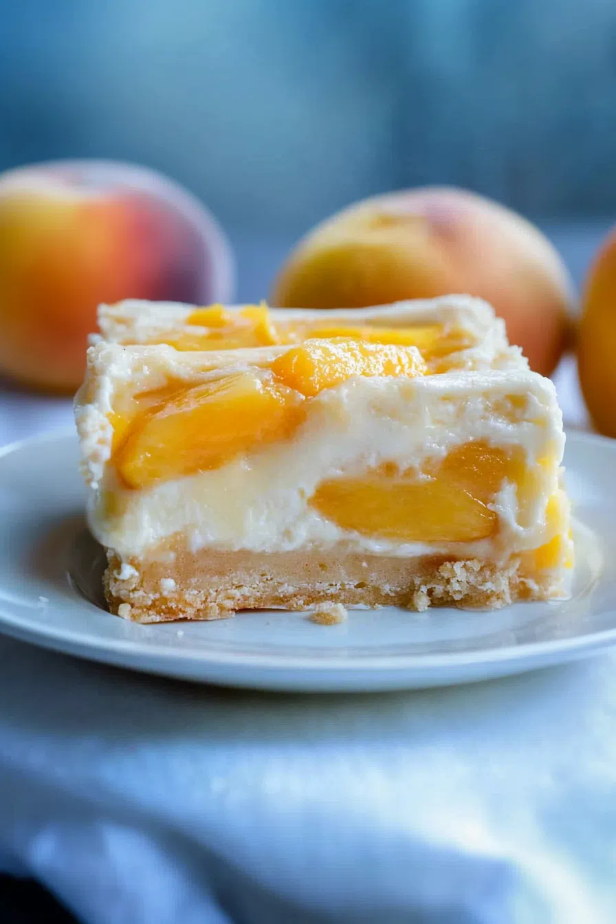 Golden, creamy dessert bars layered with a smooth filling and juicy peach slices.