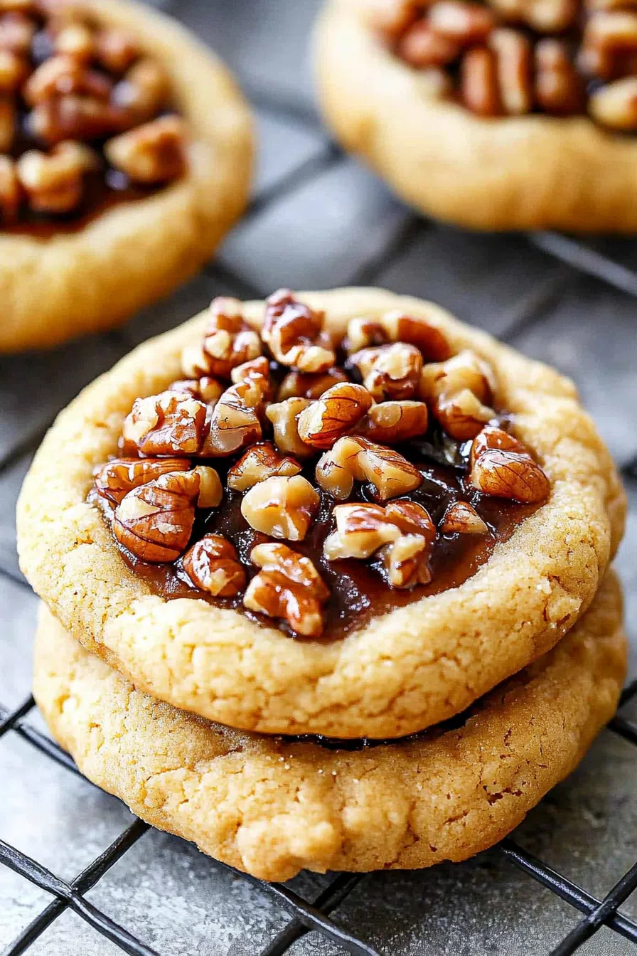 Stacked cookies showing their crisp edges and soft, nutty centers.