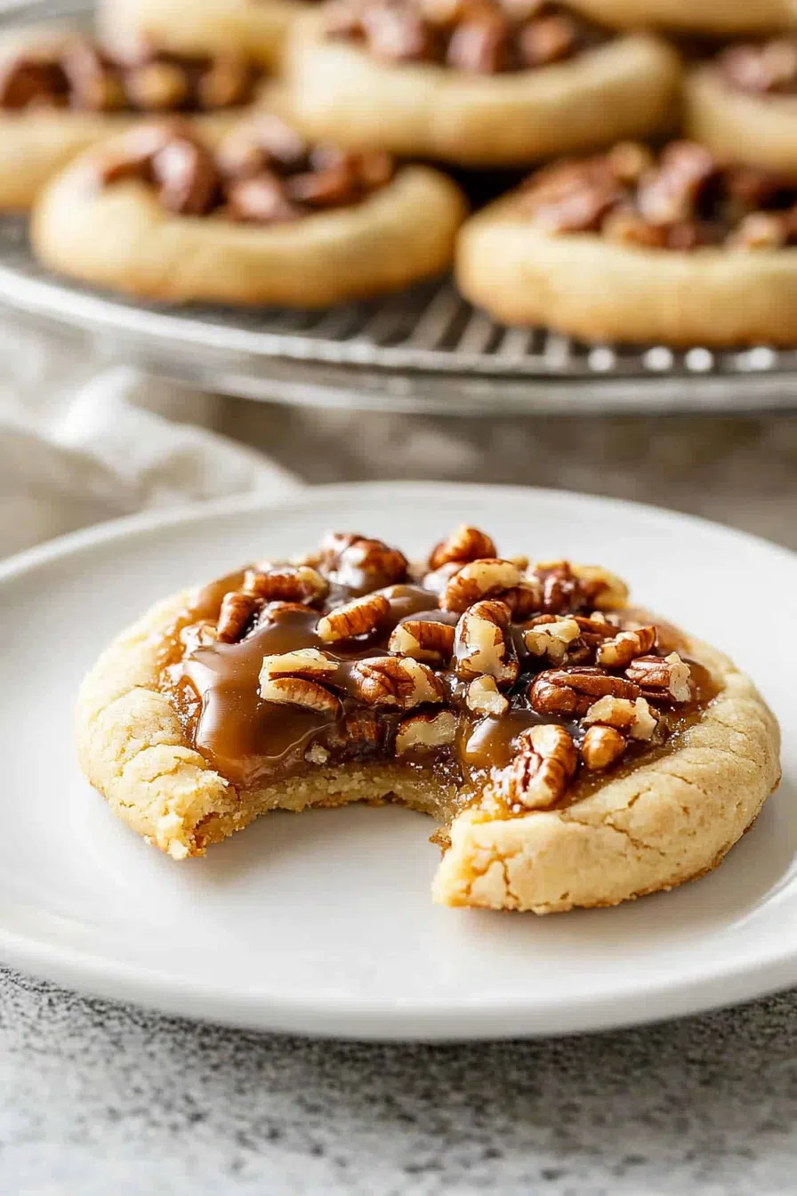 A bitten cookie revealing its rich, pecan-filled interior.
