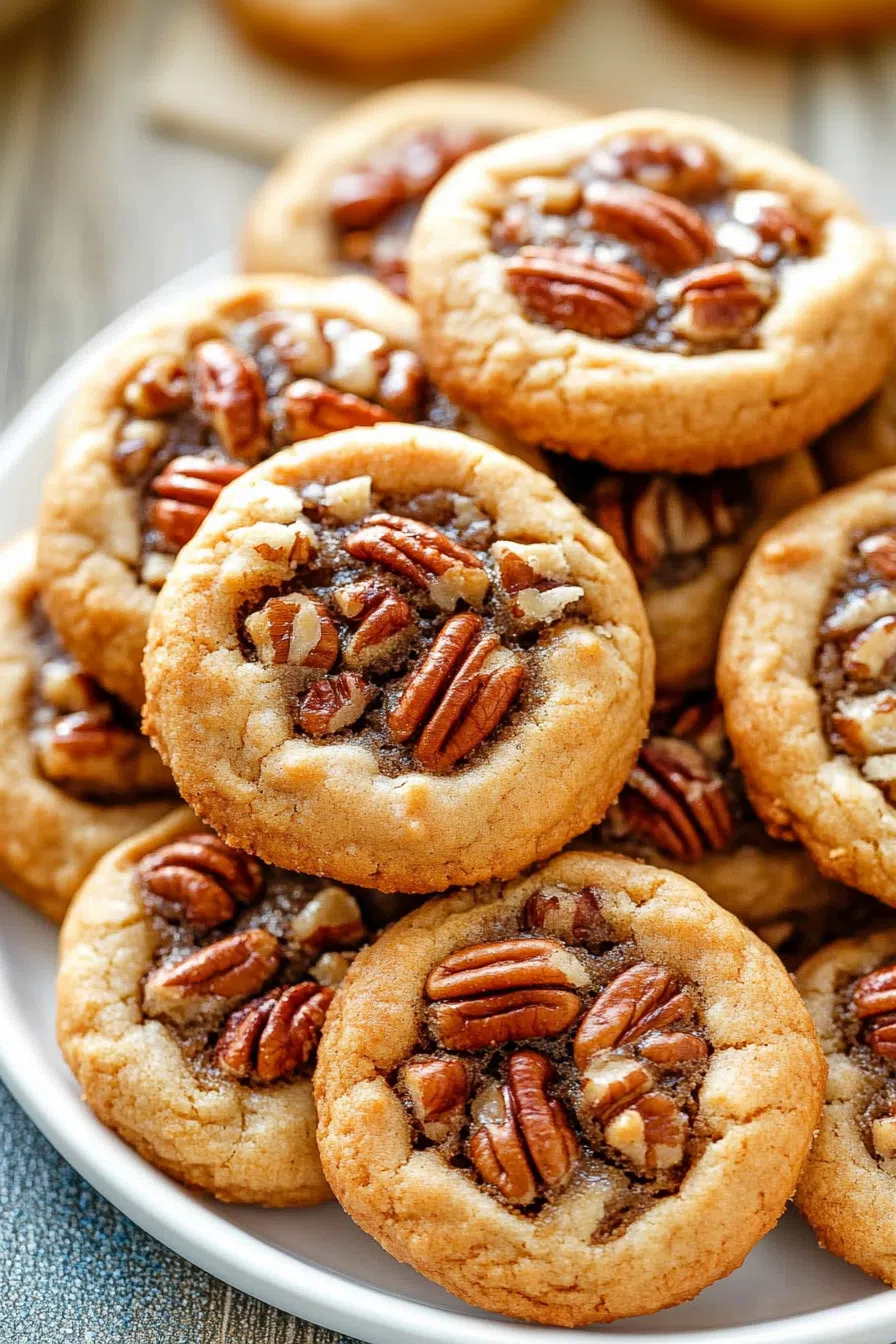 A plate of thumbprint cookies with caramelized pecan topping, ready to serve.