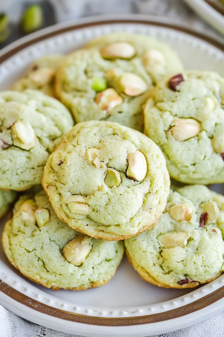 Stack of soft green-tinted cookies on a white dessert plate.