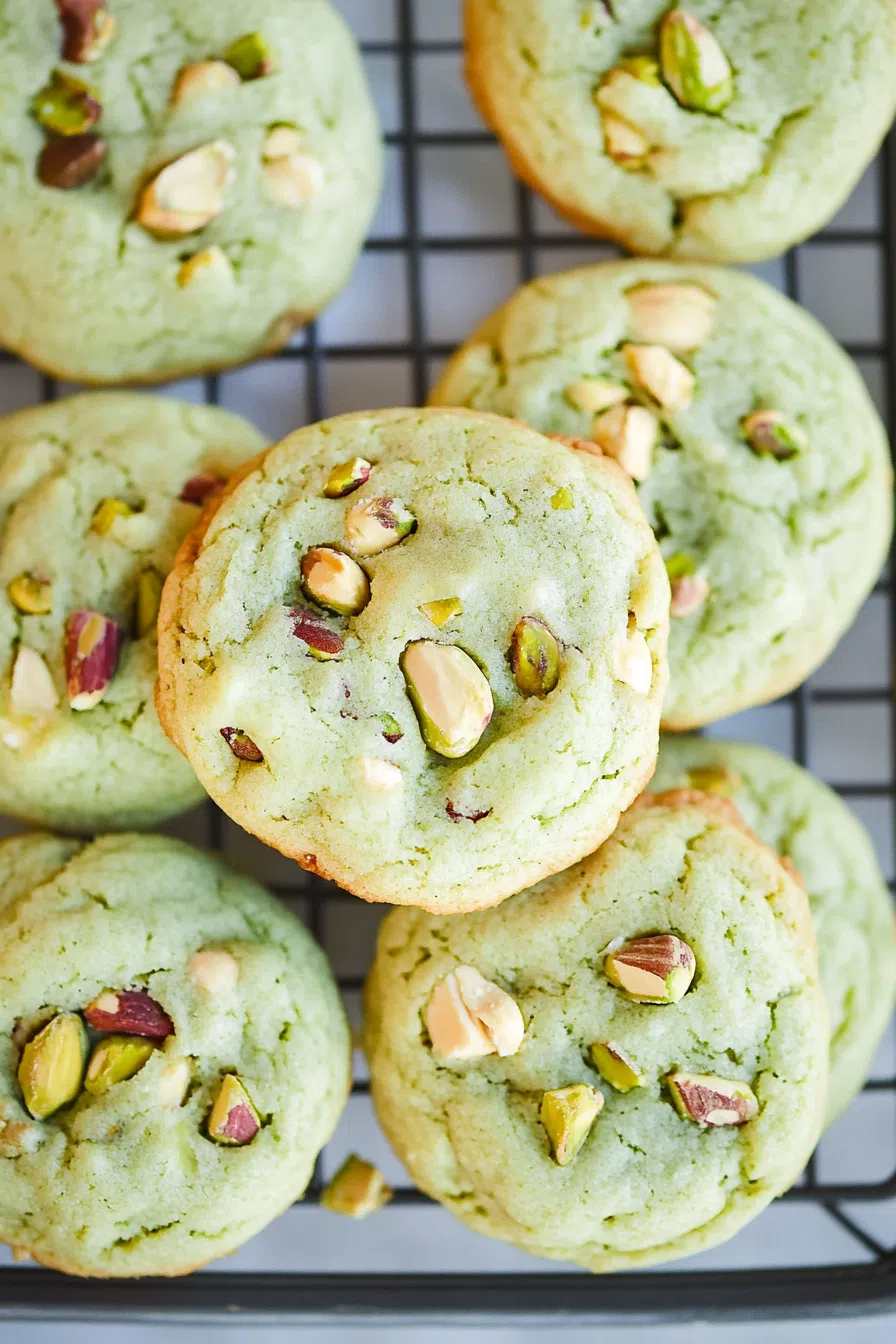 Close-up of chewy cookies with visible nut pieces on a cooling rack.