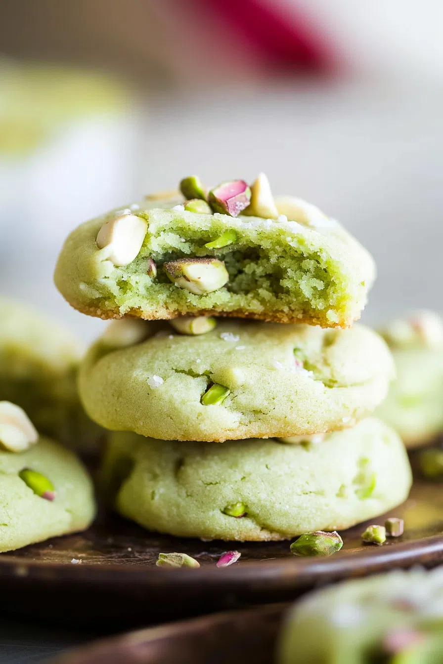 Soft-baked cookies stacked on a rustic wooden board.