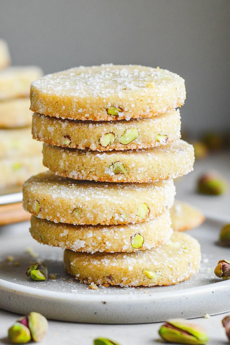 Close-up of delicate cookies with green flecks, lightly golden on the edges.