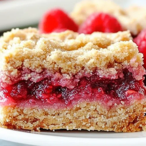 A plate of golden, crumbly dessert bars with a vibrant fruit filling.