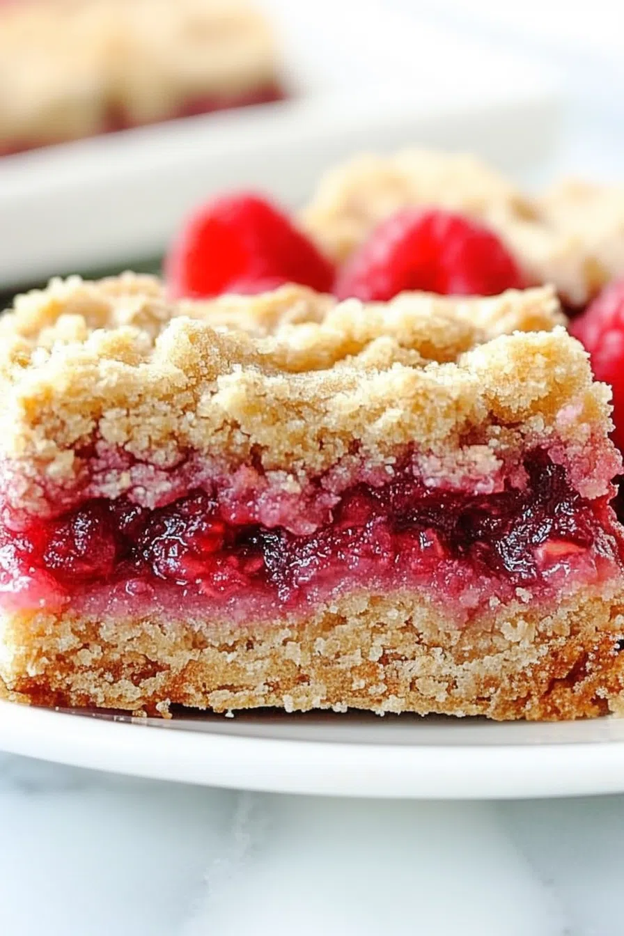 A plate of golden, crumbly dessert bars with a vibrant fruit filling.
