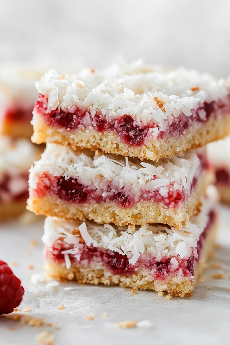 Stack of dessert bars showing off distinct layers and a crumbly topping.