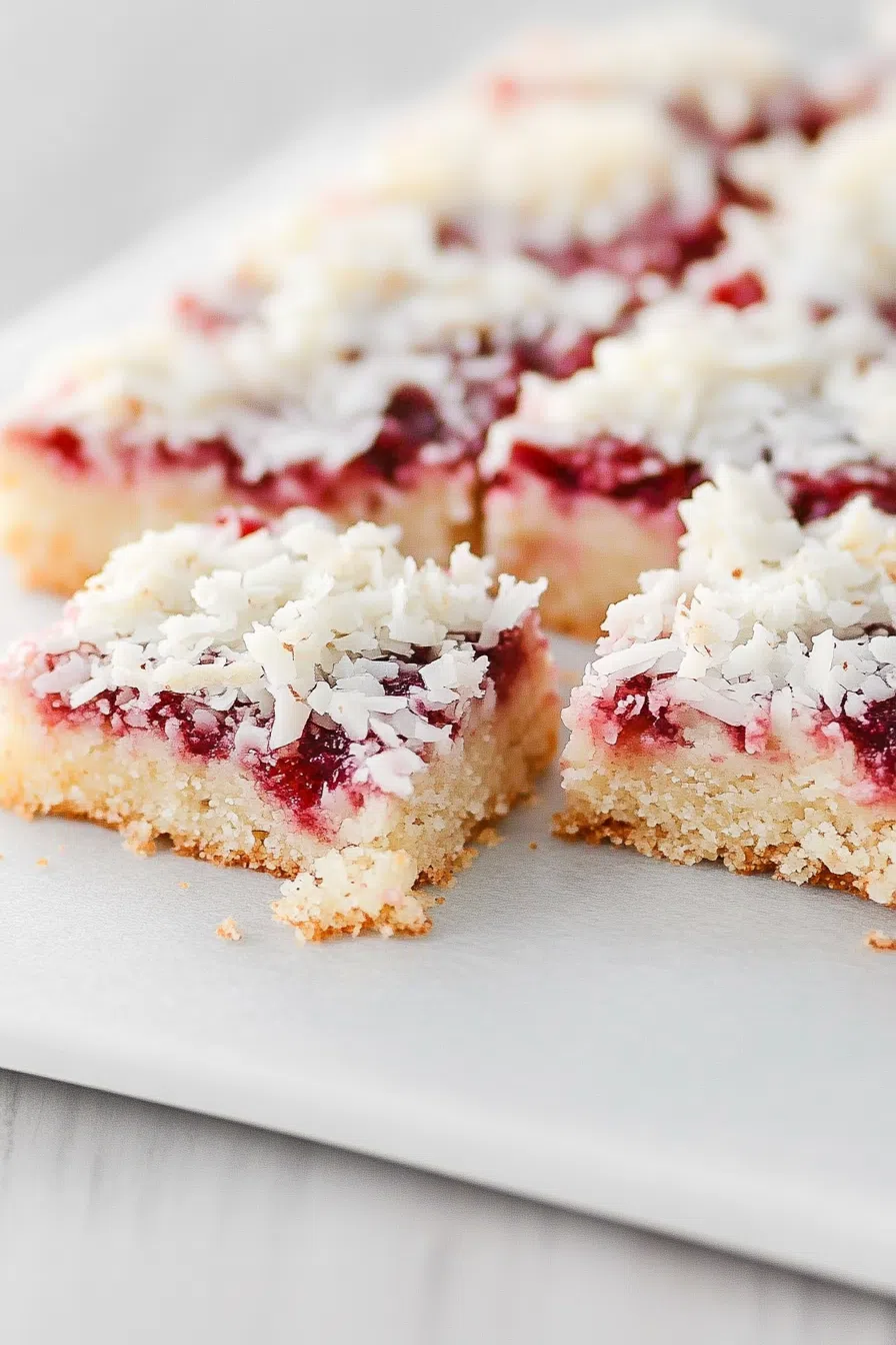 A layered dessert bar with a golden crust and a jam center, topped with toasted coconut.