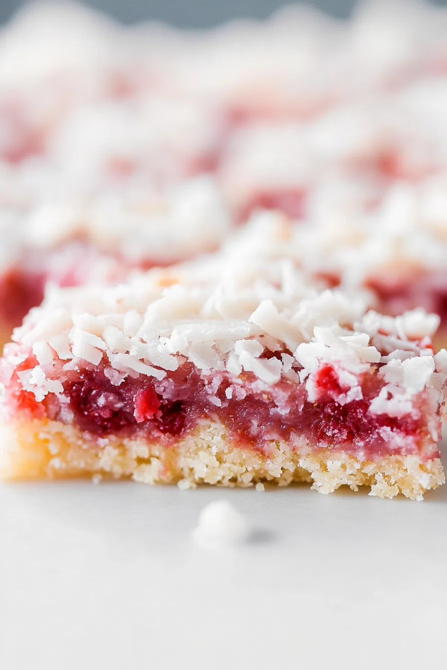 A sweet layered treat with visible red filling and coconut topping.