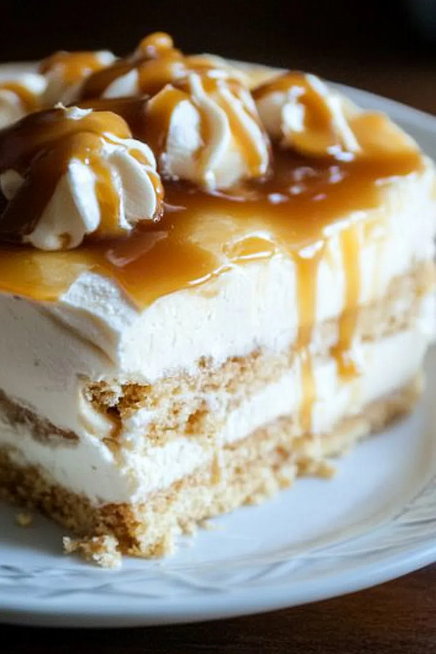 Sliced layered dessert topped with a drizzle and a light sprinkle of flaky salt.