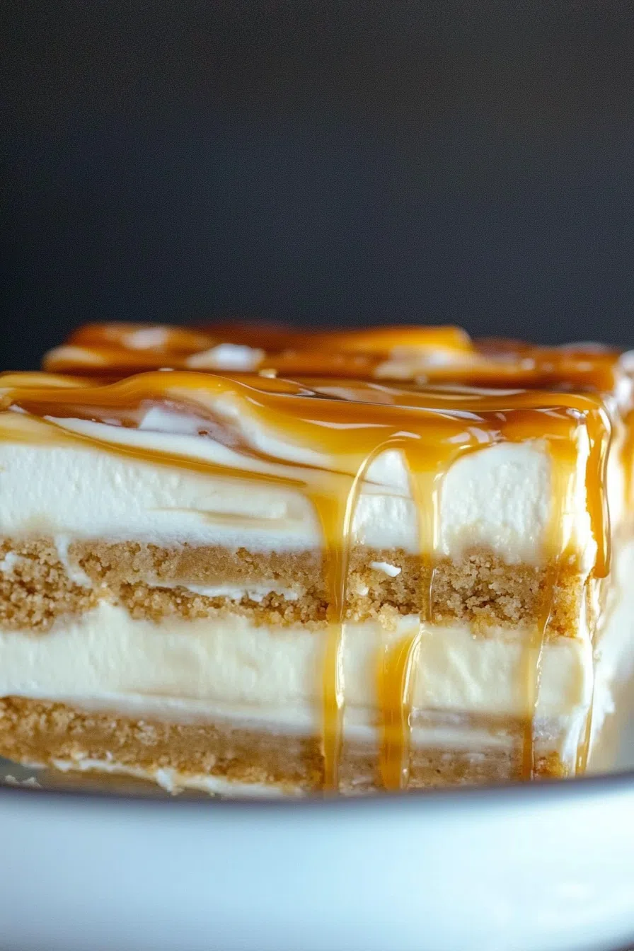 Side angle of a chilled dessert square with a glossy topping.