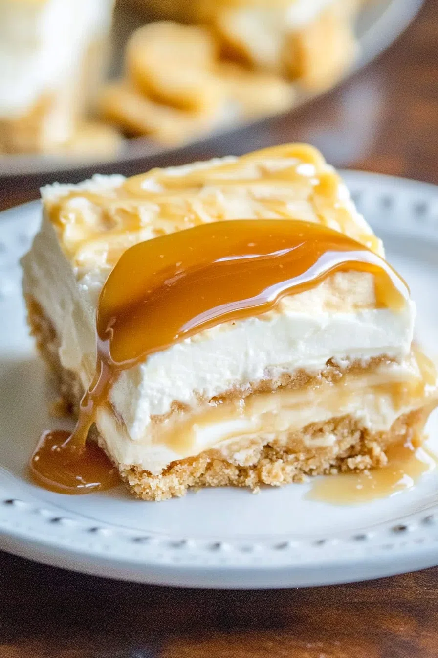 A no-bake treat served on a white plate with creamy layers visible.