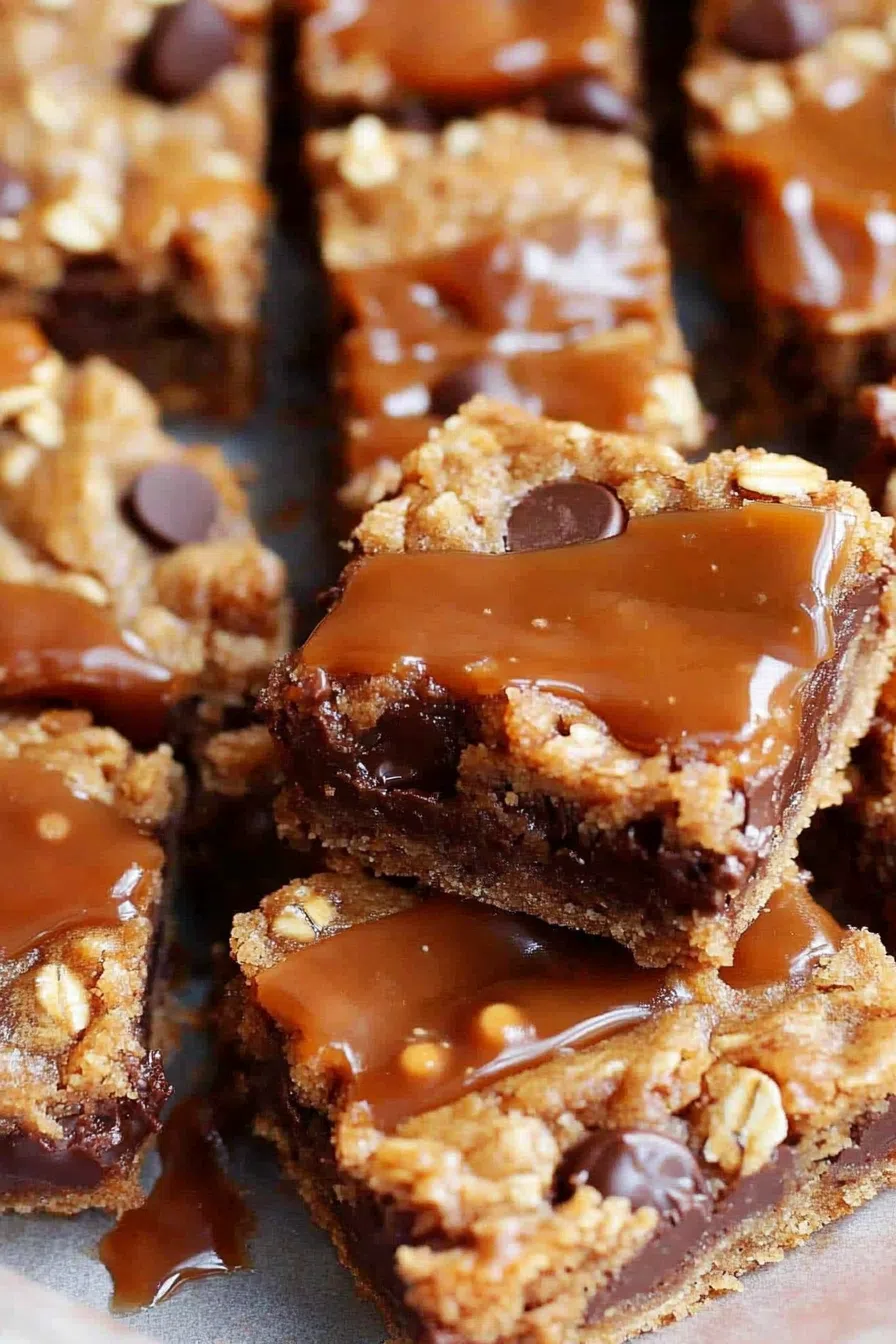 Thick and chewy dessert bars with a golden-brown crust and melted chocolate.