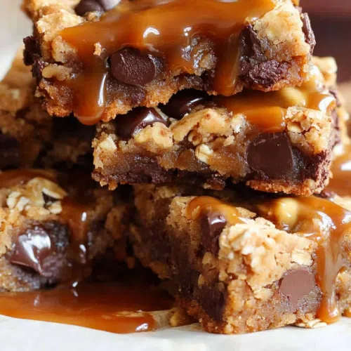 A stack of cookie bars with gooey caramel oozing from the layers.