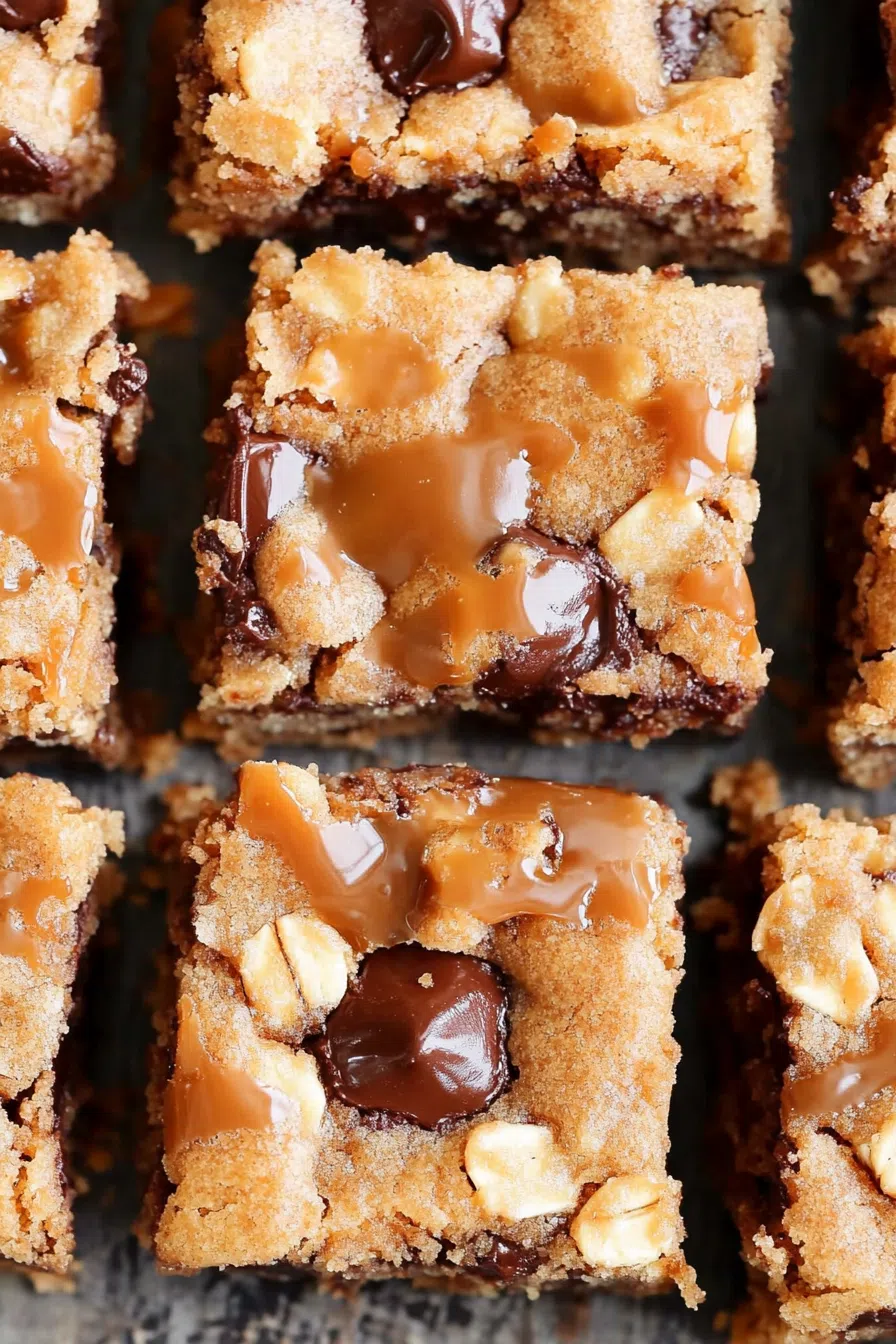 Close-up of a chewy bar with melted chocolate and caramel layers.