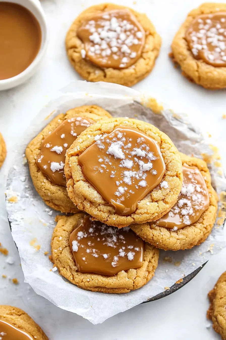Cookies arranged on parchment paper with a drizzle of caramel in the background.