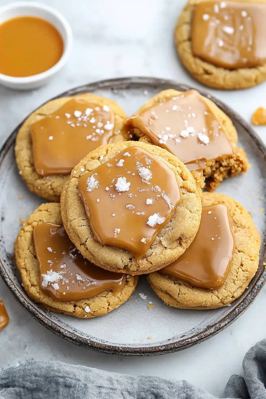 Freshly baked cookies with a golden-brown surface and gooey caramel center.