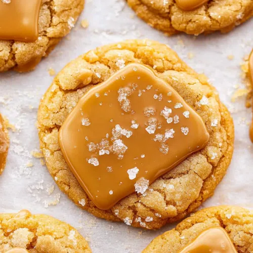 A batch of freshly baked cookies with a golden, slightly cracked surface.