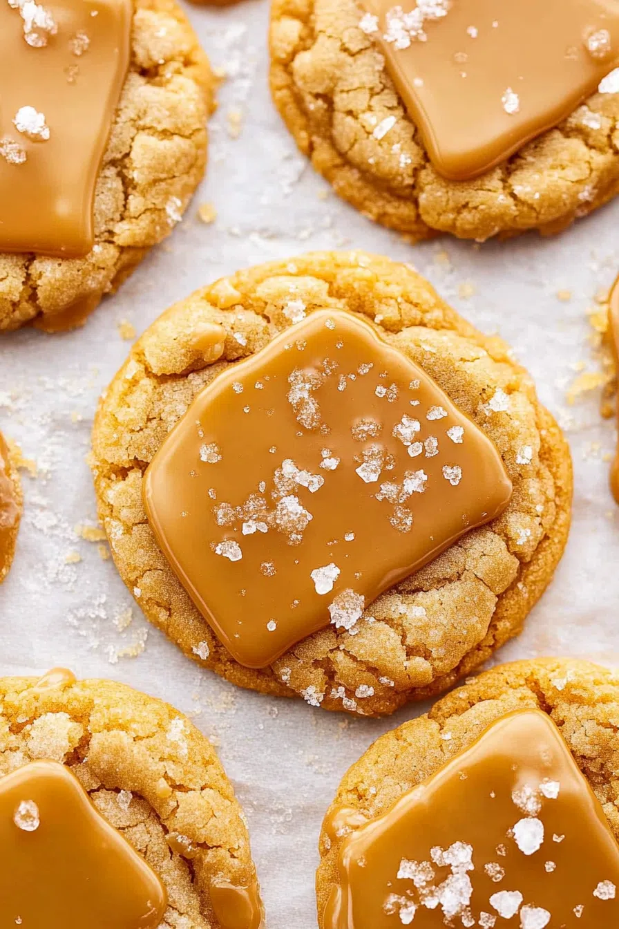 A batch of freshly baked cookies with a golden, slightly cracked surface.