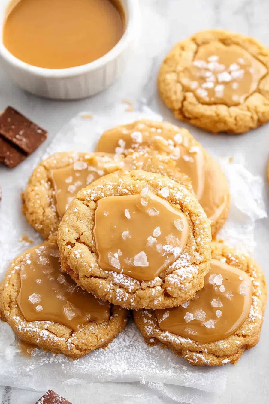 A stack of chewy cookies with a light sprinkle of flaky sea salt on top.