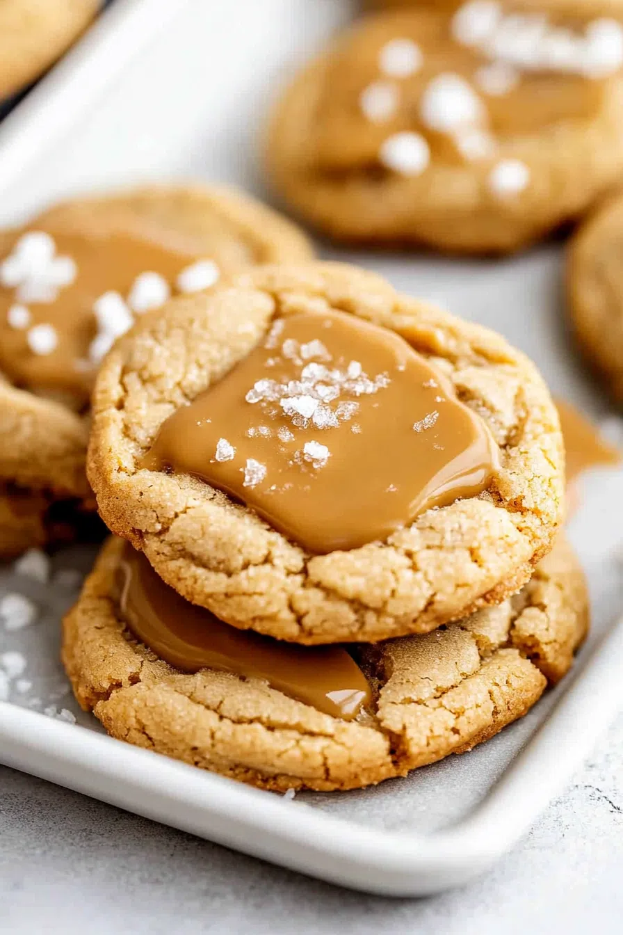 Close-up of a soft cookie with caramel oozing from the middle.